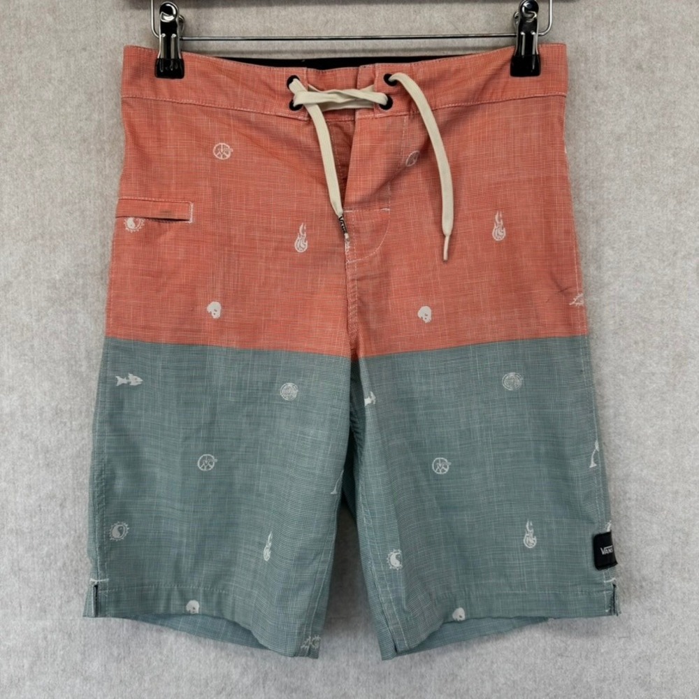Vans Mens Board Shorts Orange Green Colorblock Graphic Swim Trunks Size 25